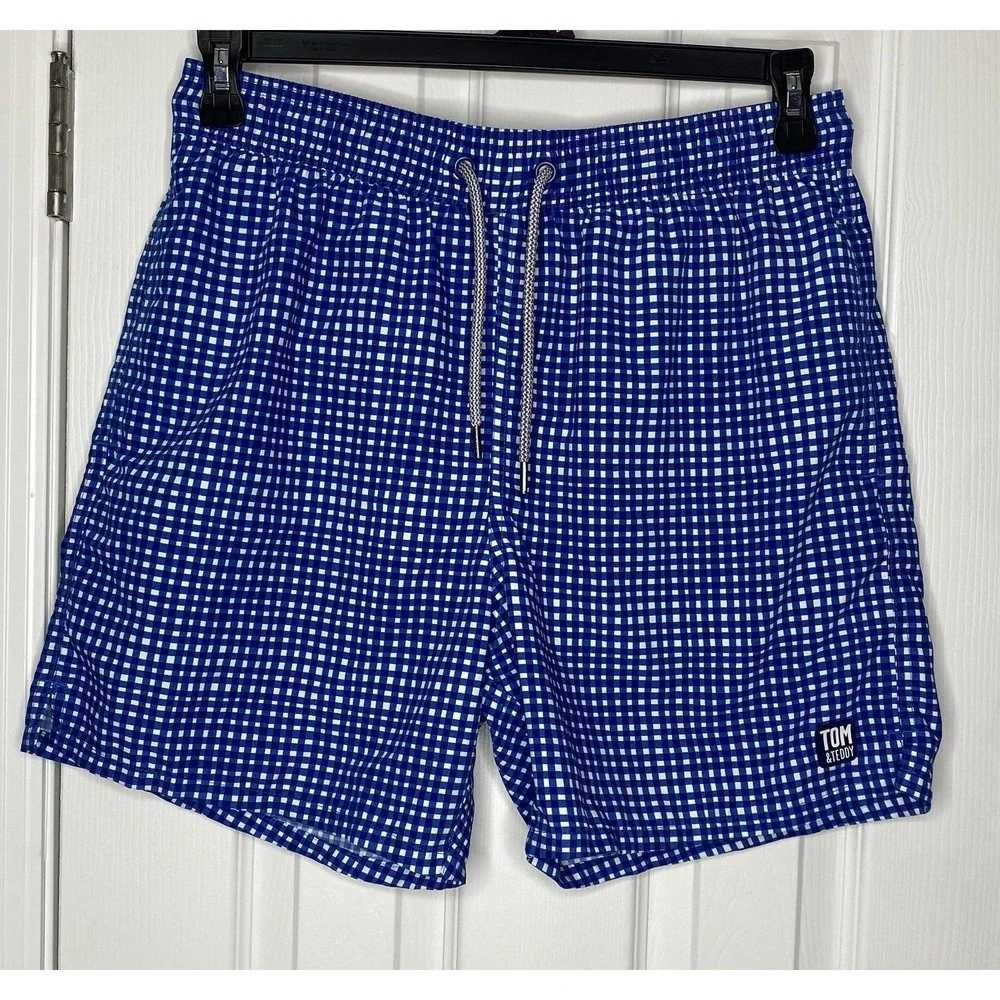 Tom And Teddy‎ Men's Lined Picnic Pattern Swim Trunks Blue White Size Medium
